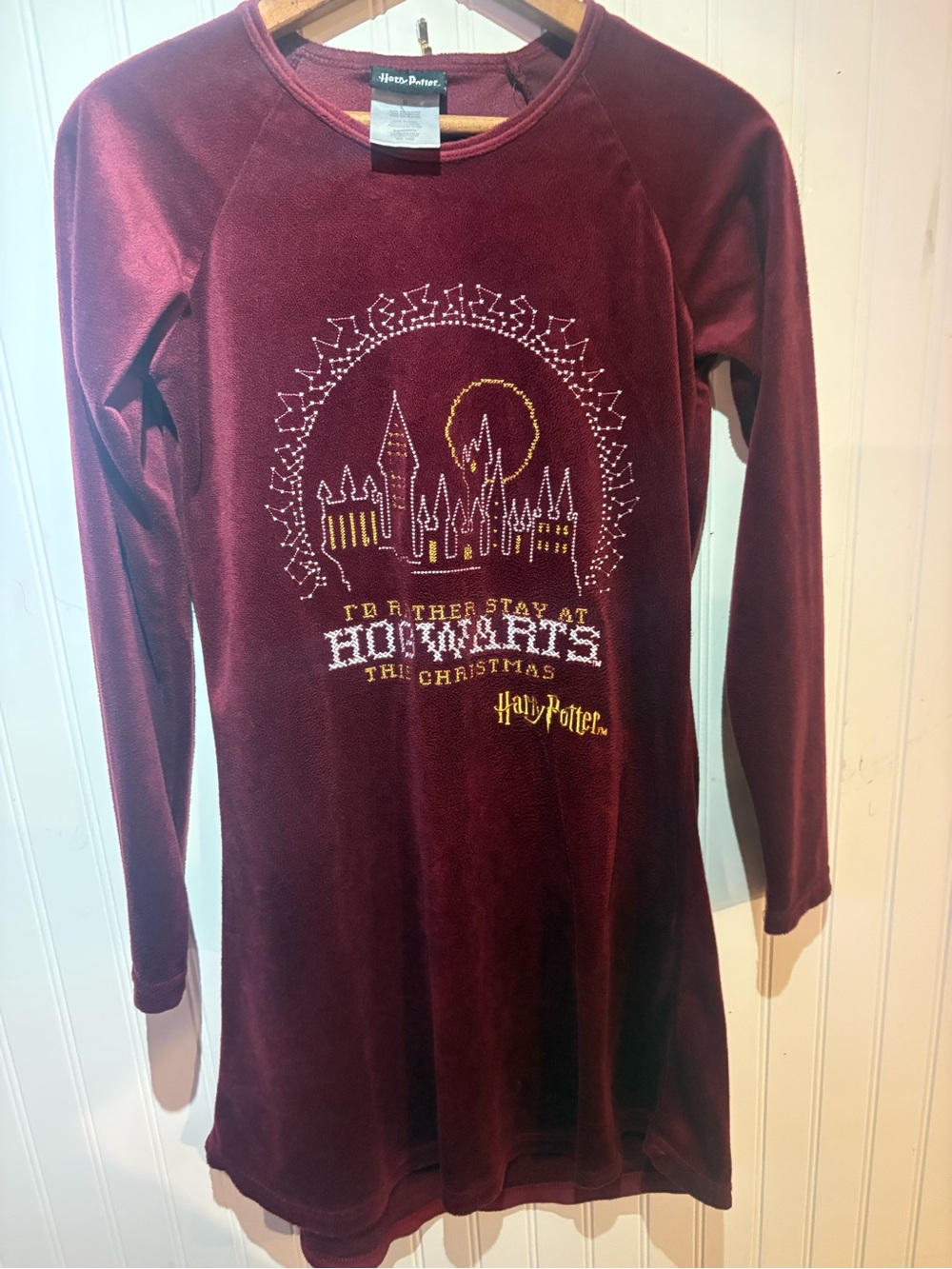 Warner Bros. Jrs. Small Burgundy Velour Hogwarts Nightgown with Gold Accents